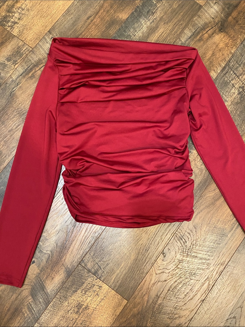 Ruched Off-Shoulder Long Sleeve Top - Red